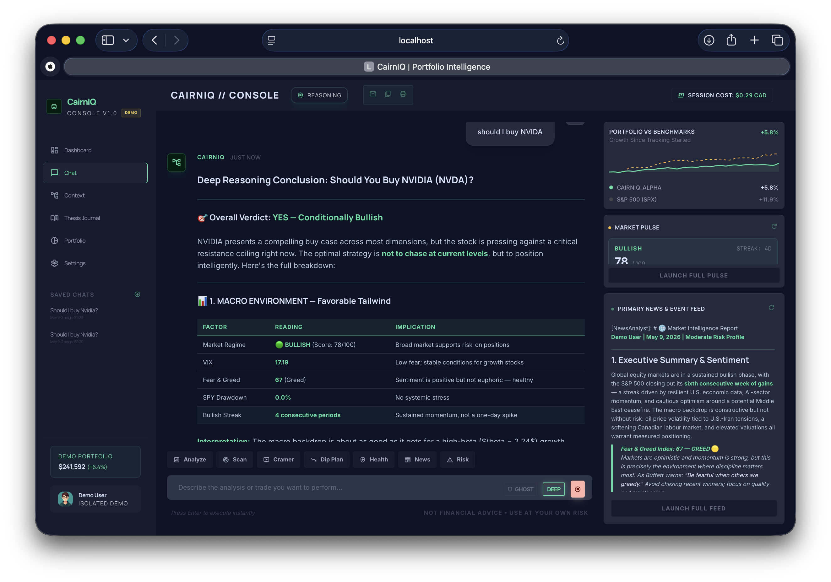 Chat interface with Quick Actions and intelligence panels