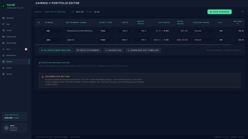 CairnIQ portfolio editor grid showing symbols, units, entry price, last price, total value and return per position
