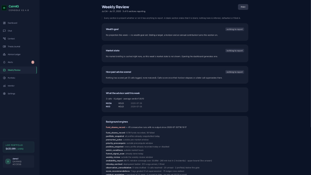 CairnIQ Weekly Review console displaying wealth goal status, market state, weekly verdicts, and background engine telemetry